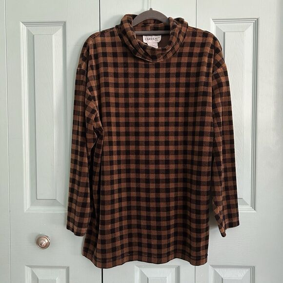 Carreau Womens Velvet Checkered Turtleneck Top Large Y2K Brown Black - Picture 1 of 9